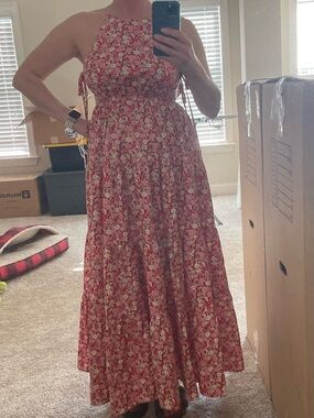 Aakaa Pink Floral Halter Maxi Dress